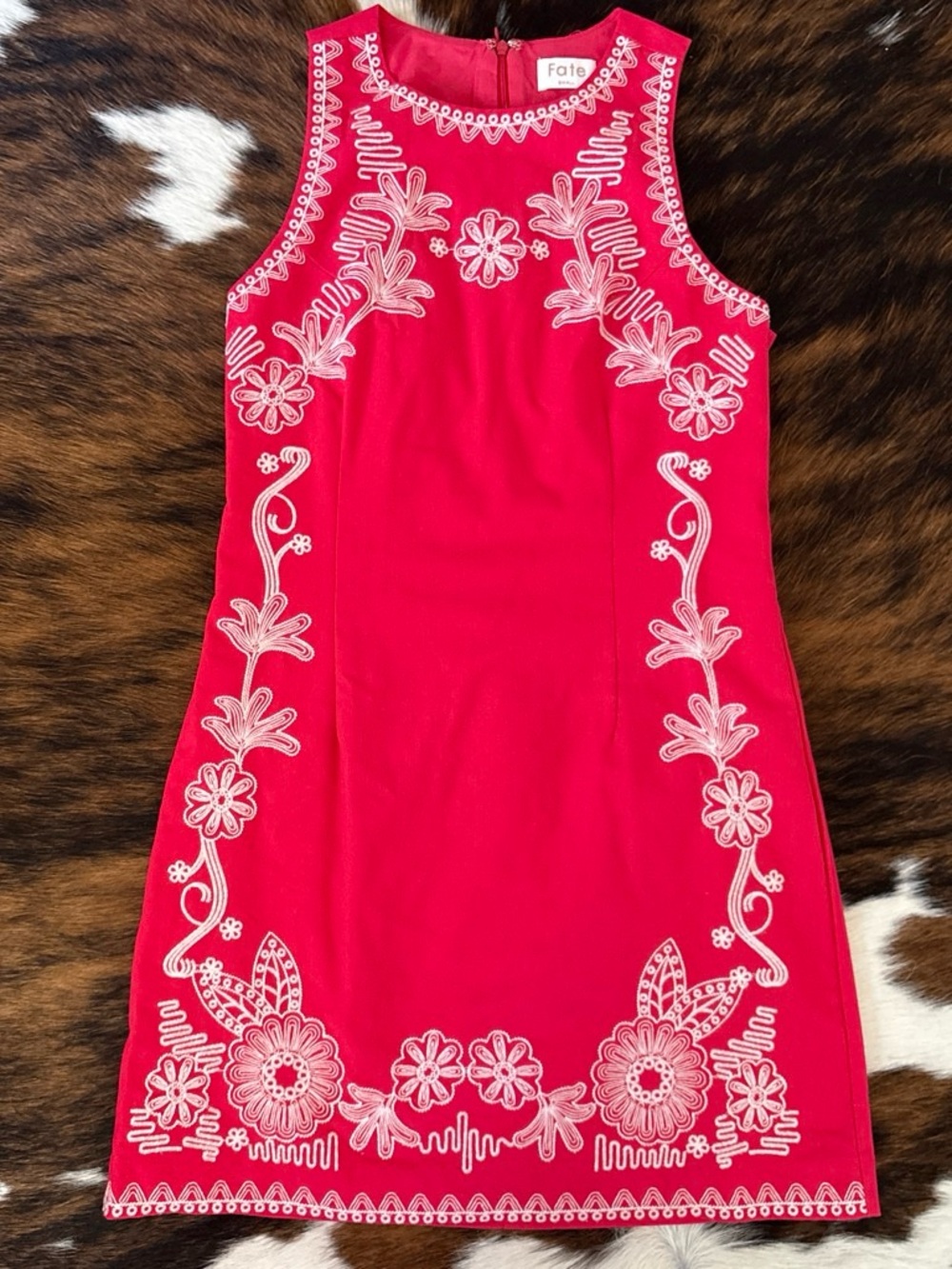 Fate Red Sleeveless Shift Dress with White Floral Embroidery